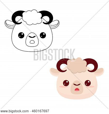 The Head Of A Cartoon Animal. Lamb's Head. Contour Drawing.  Cute Cartoon Sheep. Educational Colorin