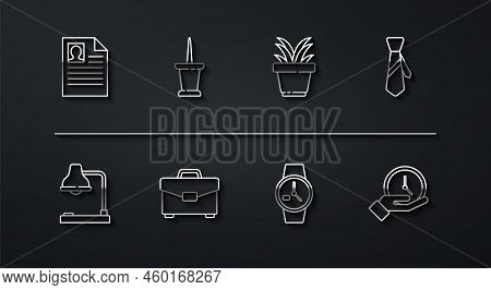 Set Line Resume, Table Lamp, Tie, Wrist Watch, Briefcase, Push Pin, Clock And Plant Pot Icon. Vector