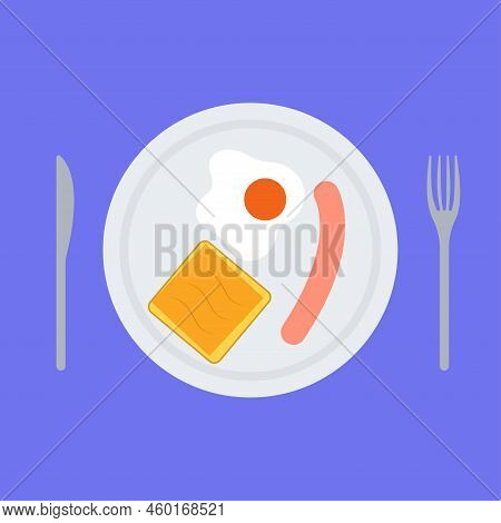 Breakfast Vector Illustration. Plate With Fried Eggs And Sausages Isolated On Blue Background. Top V