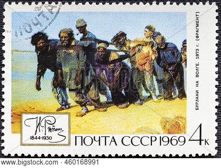 Ussr - Circa 1969: Russia Postage Stamp Ussr 1969 The 125th Birth Anniversary Of I.e. Repin Barge-ha