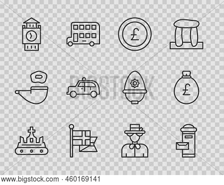 Set Line British Crown, London Mail Box, Coin Money With Pound, England Flag Flagpole, Big Ben Tower