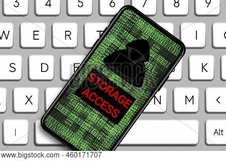 Storage Access Word And Hacker Icon In Mobile Phone With Digital Code Numbers. Concept For New Advan