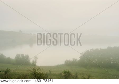 Serene Landscape In The Fog - The Shores Of Lake Otolovo In Belarus