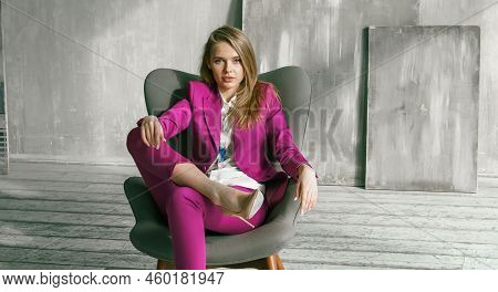 Young Businesswoman. Beautiful Woman Director, Head, General Manager, Ceo In Astylish Bright Busines