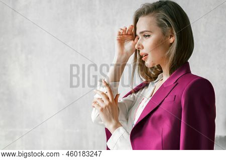Young Businesswoman. Beautiful Woman Director, Head, General Manager, Ceo In Astylish Bright Busines