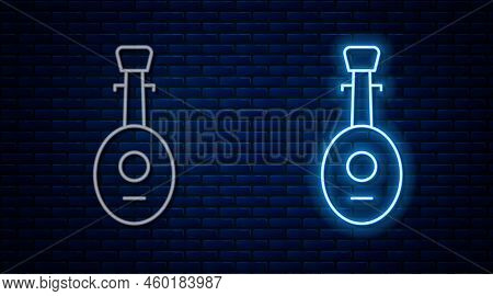 Glowing Neon Line Musical Instrument Lute Icon Isolated On Brick Wall Background. Arabic, Oriental, 