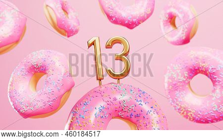Happy 13th Birthday Celebration Background With Pink Frosted Donuts. 3d Rendering