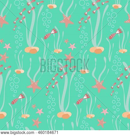 Pastel Seamless Pattern With Fish And Starfish For Summer Background In Nuatical Style. Flat Design 