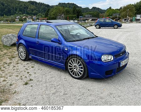 Velenje, Slovenia - August 12, 2022: Blue Volkswagen Golf 4 Pakkerd On A Public Parking Lot. Nobody 