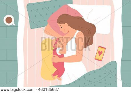 Flat Breastfeeding Composition Woman Lying On Her Side In Bed Breastfeeding Her Young Daughter Vecto