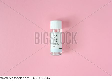 Kyiv, Ukraine - 19 August 2022: Mini Travel Size Transparent Tonic Bottle Of South Korean Cosmetics 