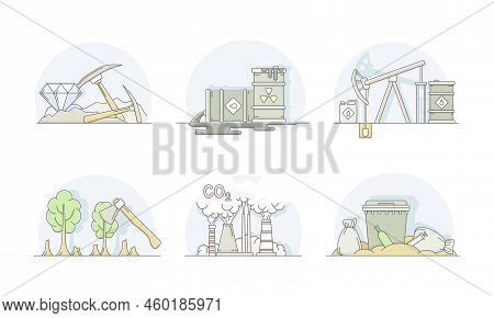 World Resources With Carbon Oxide, Petroleum And Renewable Natural Resources Line Vector Set