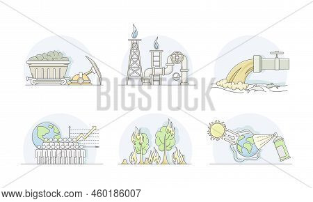 World Resources With Coal Mining, Gas And Global Warming Line Vector Set