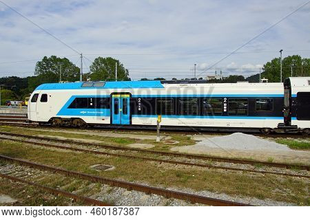Celje, Slovenia - August 11, 2022: Slovenian Railways Electric Public Transport Train Standing In A 