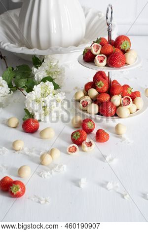 White Chocolate Covered Strawberries, Fresh Strawberries And White Floweers