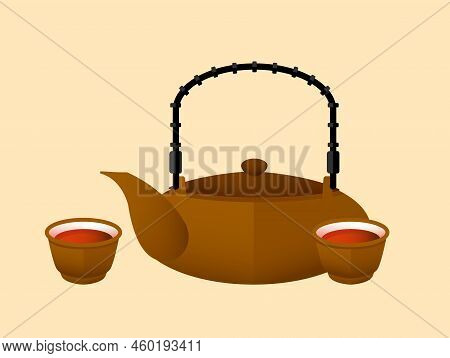Chinese Red Tea Flat Concept With Teapot And Bowls Or Pialats On Light Background Isolated Vector Il