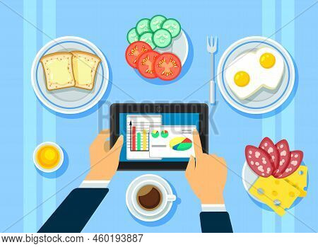 Traditional Business Breakfast Concept With Hands Holding Tablet Omelette Coffee Toasts Tomato Cucum
