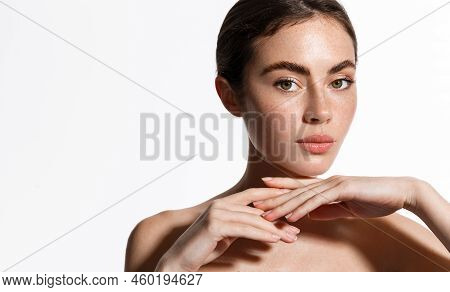 Attractive Female Model With Natural Makeup, Glowing Healthy Skin After Shower, Looking Sensual At C