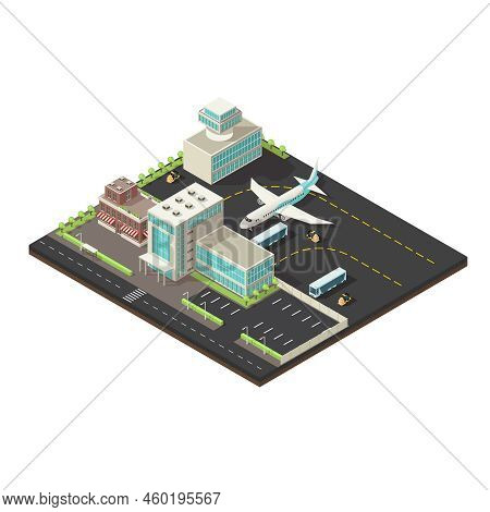 Isometric Airport Exterior Concept With Terminal Control Tower Cafe Buildings Vehicles Parking Zone 