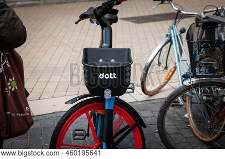 Bordeaux, France - February 24, 2022: Dott Mobility Logo On An Electric Scooter And Bicycles. Dott I