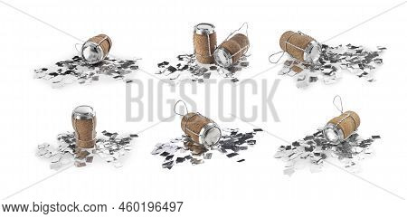Set With Corks Of Sparkling Wine Bottles With Muselet Caps On White Background. Banner Design