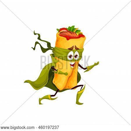 Cartoon Shawarma Superhero Character. Street Fast Food Takeaway Meal Or Burger Isolated Cute Vector 