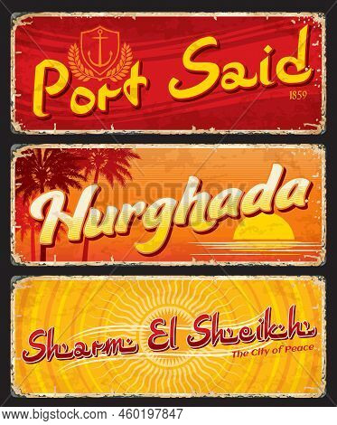 Port Said, Hurghada, Sharm El Sheikh Egyptian City Travel Stickers And Plates. Egypt City Retro Tin 