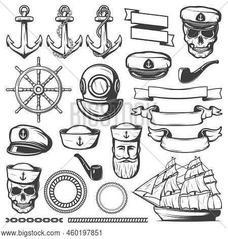 Black Drawn Isolated Vintage Sailor Naval Icon Set And Ribbons On White Background Vector Illustrati