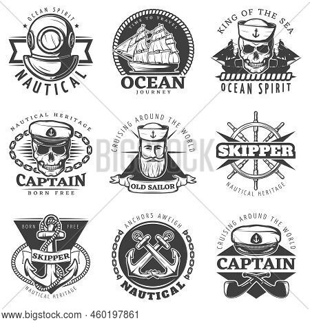Black Vintage Sailor Naval Label Set With King Of The Sea Ocean Spirit Time To Travel Ocean Journey 
