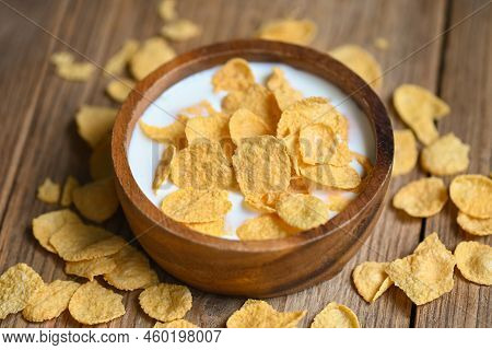 Cornflakes With Milk On Wooden Table Background, Cornflakes Bowl Breakfast Food And Snack For Health