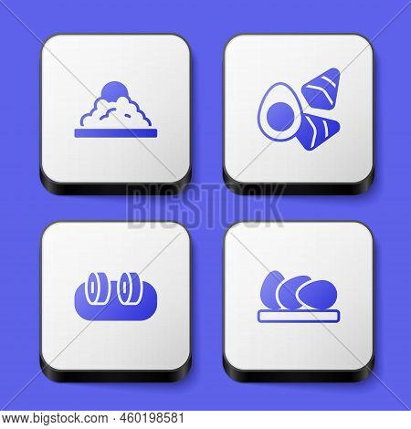 Set Rice In A Bowl, Chicken Egg With Vegerables, Sushi And Icon. White Square Button. Vector