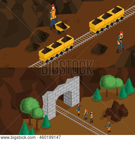 Isometric Miners Horizontal Banners With People Extracting Coal And Workers Near Mine Entrance Vecto