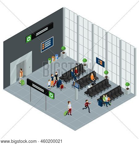 People In Waiting Hall Of Airport With Information Boards Isometric Design In Grey Tones Vector Illu