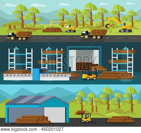 Timber Production Horizontal Banners With Industrial Vehicles And Processes Of Cutting Loading Trans