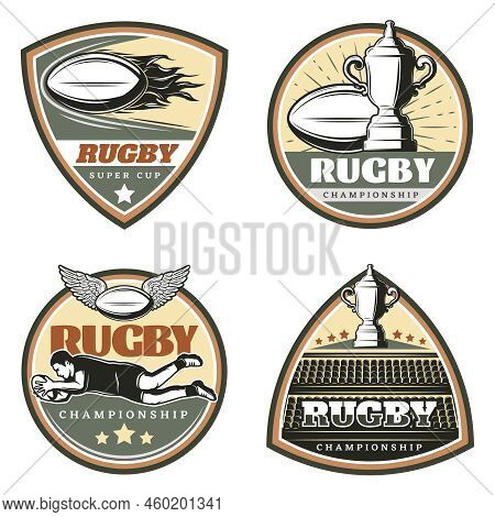 Vintage Colored Rugby Emblems Set With Balls Cup Stadium And Scoring Jumping Running Players Isolate