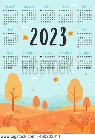 Calendar 2023 With Beautiful Autumn Nature Landscape, Yellow Trees With Autumn Leaves. Vector Illust