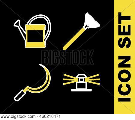 Set Line Garden Rake For Leaves, Automatic Irrigation Sprinklers, Sickle And Watering Can Icon. Vect
