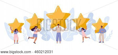 Happy And Satisfied Customer Vector People Are Holding Review Stars Over Their Heads. Five Stars Rat