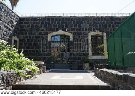 Tiberias, Israel  - May 26, 2022 : Beautiful Historical Building Made Of Basalt