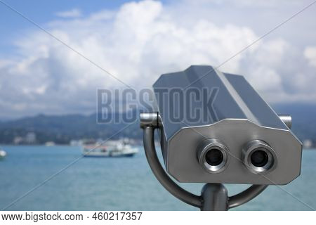 Metal Tower Viewer Installed Near Sea, Space For Text. Mounted Binoculars