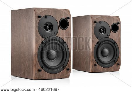 Music Speakers On White Background. Audio Technica. Bookshelf Speaker System For Home Entertainment.