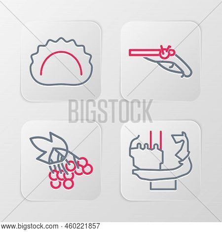 Set Line Monument To Founders Of Kiev, Branch Viburnum, Vintage Pistols And Dumplings Icon. Vector