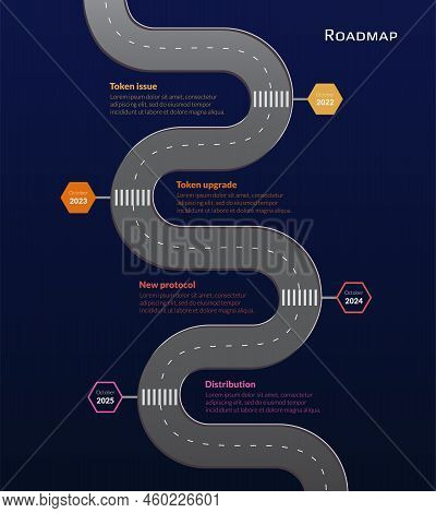 Roadmap With Winding Road And Stop Signs On Stages On Dark Blue Background. Vertical Infographic Tim