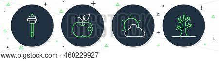 Set Line Apple, Sun And Cloud Weather, Honey Dipper Stick And Bare Tree Icon. Vector