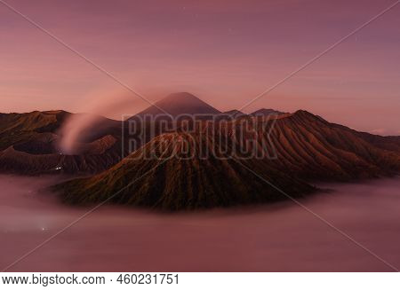 Mount Bromo Volcano During Sunrise With Foggy From Seruni View Point. Mount Bromo Volcano, Is An Act