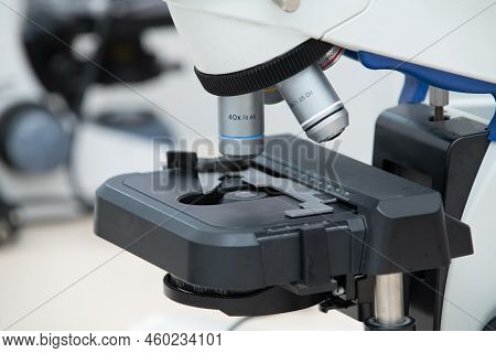Medical Equipment. Microscope. Background, Laboratory Concept, Macro