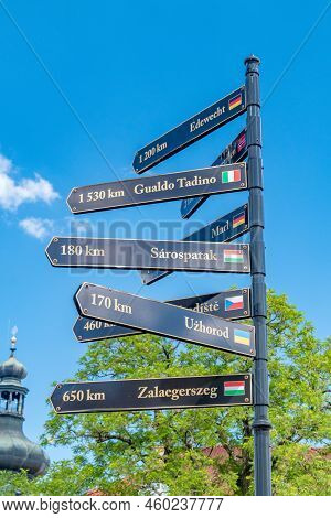 Krosno, Poland - June 12, 2022: Distances In Kilometers In The Krosno City In Poland Showing Directi
