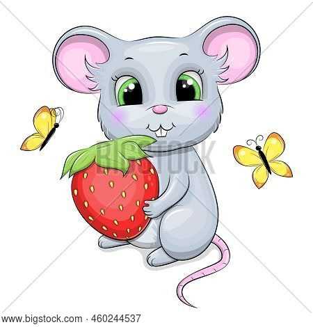 Cute Cartoon Mouse Holding A Red Strawberry. Vector Illustration Of An Animal On A White Background 