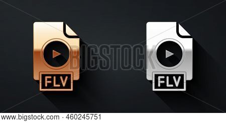 Gold And Silver Flv File Document Video File Format. Download Flv Button Icon Isolated On Black Back