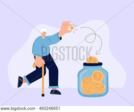 Happy Senior Male Character Putting Huge Pile Of Golden Coins. Concept Of Financial Wealth, Investme
